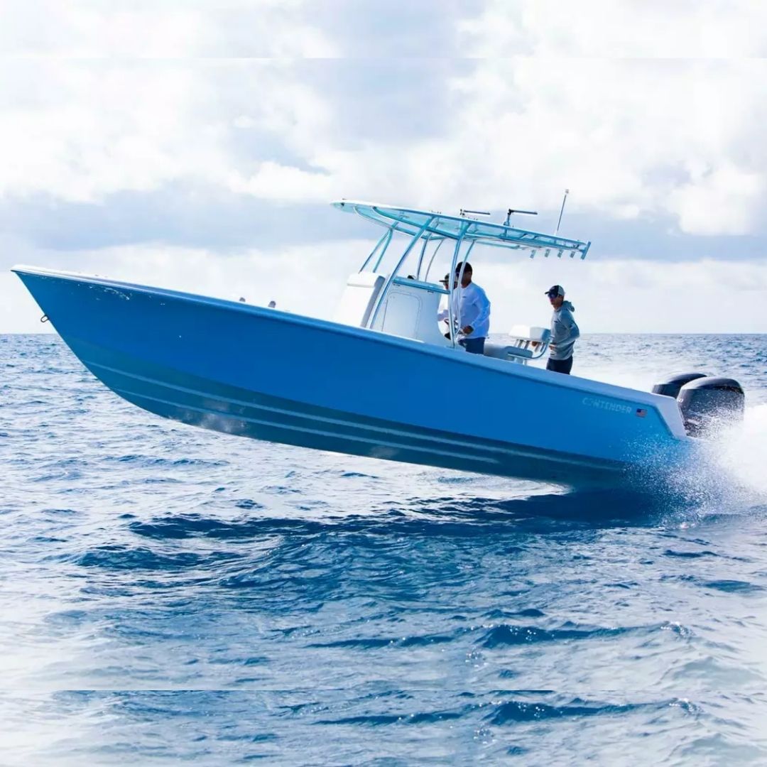 Contender 28 Tournament center console, twin Yamaha outboards, custom AmeraTrail trailer